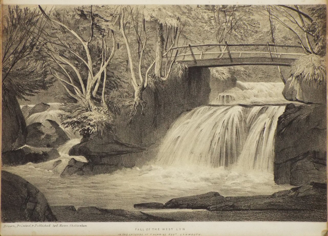 Lithograph - Fall of the West Lyn in the Grounds of T Herries Esqr Lynmouth. - Rowe